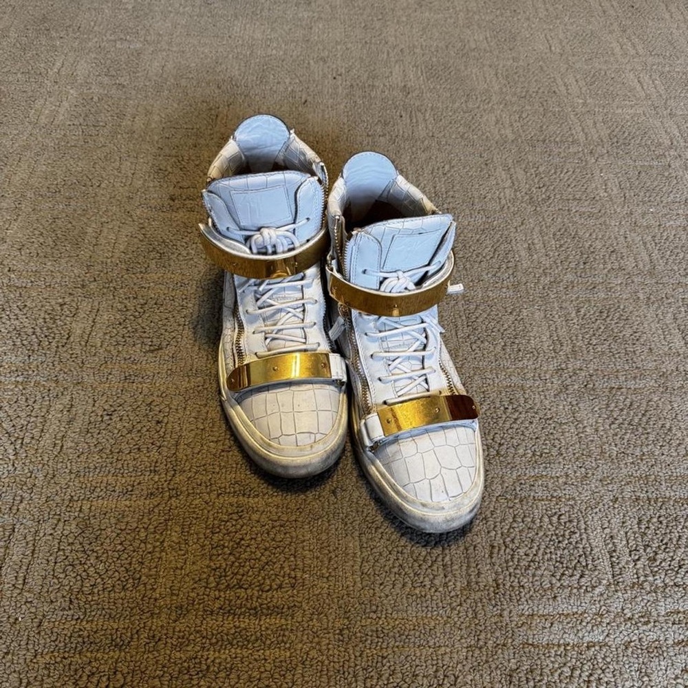 Giuseppe Zanotti White High-Top Sneakers with Gold Strap Accents